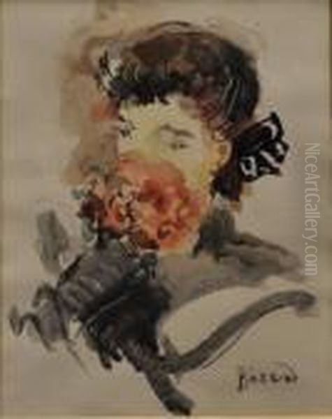 Portrait De Jeune Femme Au Bouquet De Fleurs Rouges - view 1