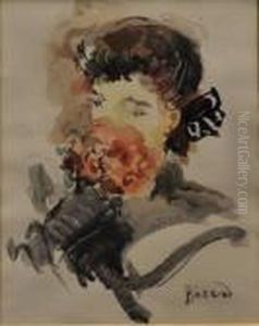 Portrait De Jeune Femme Au Bouquet De Fleurs Rouges by Christian Berard
