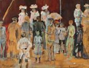 Trois Petites Filles En Rose Devant Une Assemblee De Personnages by Christian Berard