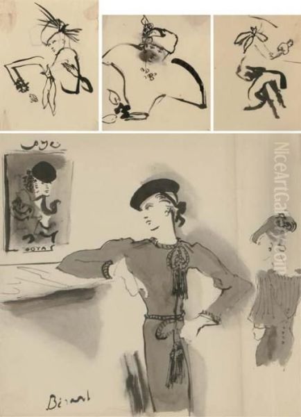 Four Ink On Paper Fashion Drawings - view 1