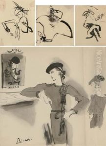 Four Ink On Paper Fashion Drawings by Christian Berard