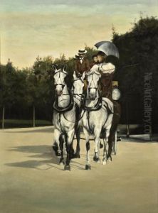 A Family Riding In A Carriage Drawn By Three White Horses by Jean-Georges Beraud