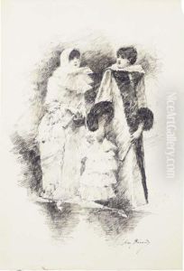 La Sortie De L'opera: Deux Femmes En Manteau Tenant Des Eventails by Jean-Georges Beraud