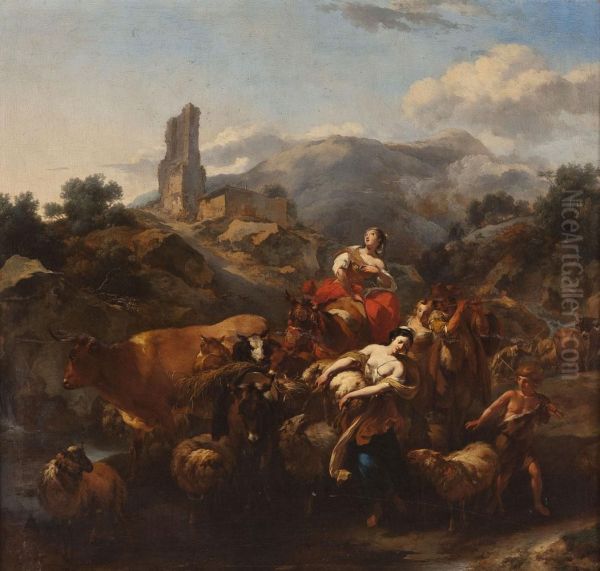 Italienische Berglandschaft Mit Ruinen, Hirtenszene Und Viehherde - view 1