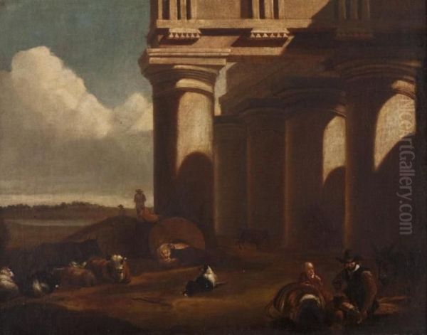 Figures And Cattle Resting By Columns - view 1