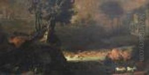 Peasants Crossing A Stream With Their Stock by Nicolaes Berchem