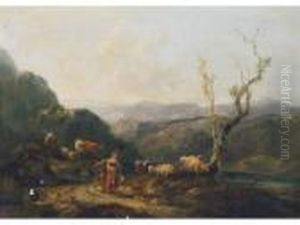 A Peasant Girl And Livestock On A Mountain Path by Nicolaes Berchem