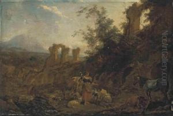 A Mountainous Landscape With A
Shepherdess With Her Flock And Atraveller With His Horse By Classical
Ruins - view 1
