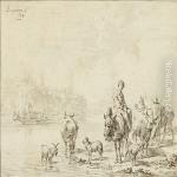 River Landscape With Persons And Animals And Castle - view 1