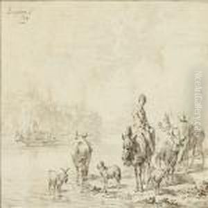 River Landscape With Persons And Animals And Castle by Nicolaes Berchem