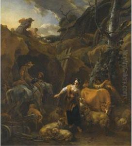 A Mountainous Italianate Landscape With Milkmaids And Otherfigures by Nicolaes Berchem