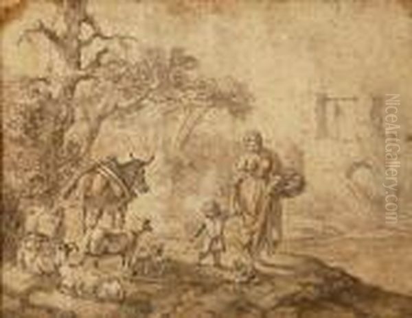 Bergere Promenant Son Enfant, Pres D'un Troupeau De Brebis Et D'unane - view 1