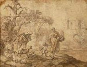 Bergere Promenant Son Enfant, Pres D'un Troupeau De Brebis Et D'unane by Nicolaes Berchem