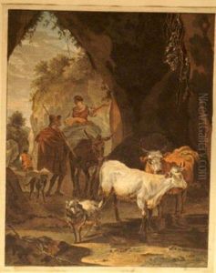 Farmers Guiding There Animals Through A Smallriver by Nicolaes Berchem
