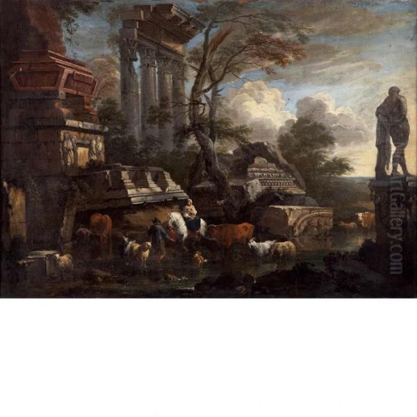 A Herdsman And Hislivestock Crossing A River Beside Roman Ruins - view 1