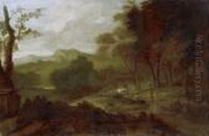 Peasants And Cattle Approaching A Village, In A Classical Landscape by Nicolaes Berchem