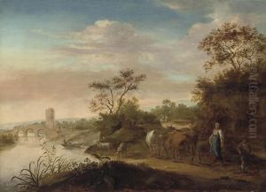A Wooded River Landscape With A Drover And Her Cattlewatering by Nicolaes Berchem