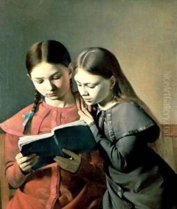 The Artist's Sisters Signe and Henriette Reading a Book 1826 by Constantin Hansen