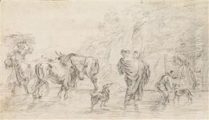 Peasants With Their Flock At A River by Nicolaes Berchem