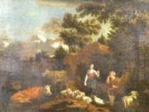 Figures In A Wooded Landscape With Sheep And Cattle Figures In A Wooded Landscape With Sheep And Cattle