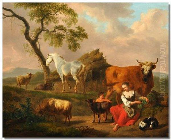 Woman And Child With A Dog Cow,horse,goat And Sheep. - view 1