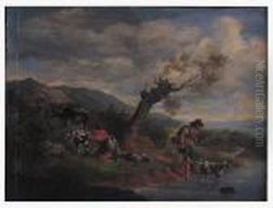 Peasant Couple With Livestock By The River by Nicolaes Berchem
