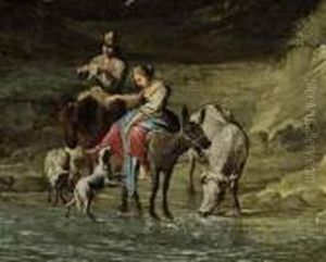 Two Figures On Horseback Beside A River Bank With A Dog by Nicolaes Berchem