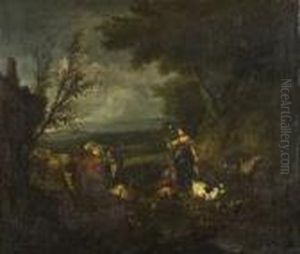 Pastoral Landscape With Girl Tending Cattle And Sheep by Nicolaes Berchem