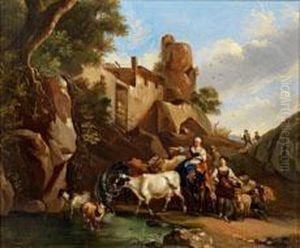 Italienischelandschaft Mit Hirten An Der Tranke by Nicolaes Berchem