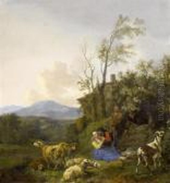 A Shepherd Couple With Sheep In A
Landscape - view 1