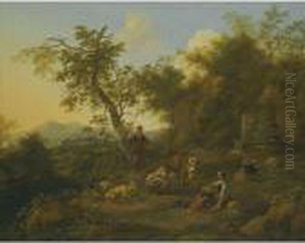 A Pastoral Landscape With A Peasant Girl Milking And A Shepherdplaying The Flute Beyond - view 1
