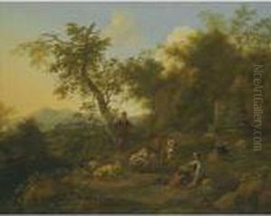 A Pastoral Landscape With A Peasant Girl Milking And A Shepherdplaying The Flute Beyond