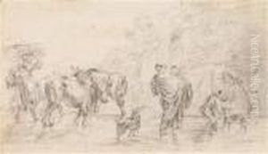 Bauern Mit Ihrerherde Am Fluss by Nicolaes Berchem