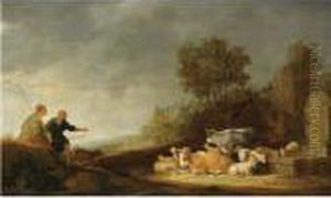 A Southern Landscape With A
Shepherd And A Shepherdess Resting Withtheir Cattle By A Watering Place by Nicolaes Berchem