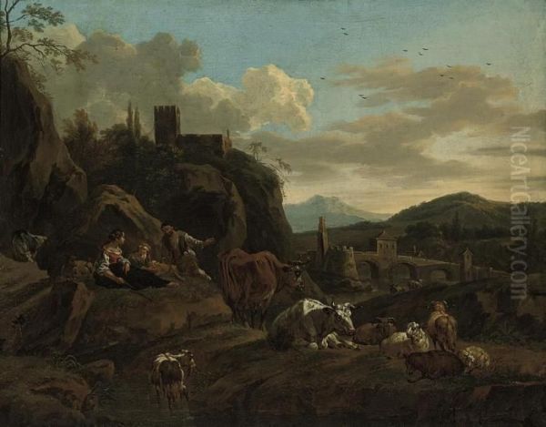 An Italianate Landscape With Peasants And Cattle, Goats And Sheep - view 1