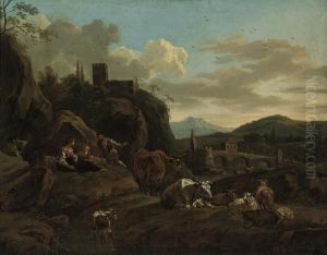 An Italianate Landscape With Peasants And Cattle, Goats And Sheep by Nicolaes Berchem