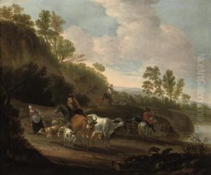 Drovers With Cattle And Goats On A Riverside Track by Nicolaes Berchem