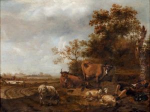 A Peasant Resting Near His Cows And Sheep In A Woodedlandscape by Nicolaes Berchem