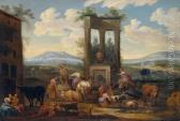 Sudliche Landschaft Mit Hirten An Einem Brunnen - view 1
