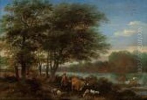 A Wooded River Landscape With A Drover And His Cattle On A Track