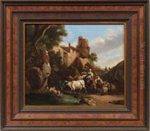 Italienische Landschaft Mit Hirten An Der Tranke by Nicolaes Berchem