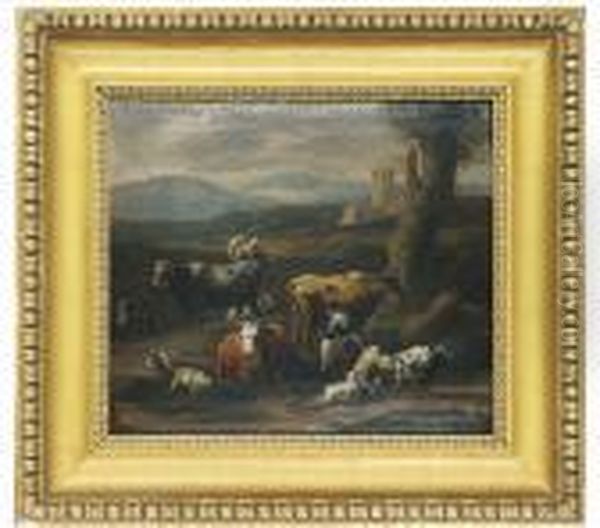 A Shepherd And Milk Maid With Their Flocks In An Italianate Landscape - view 1