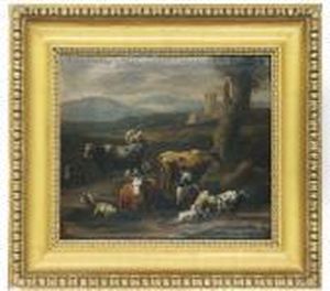 A Shepherd And Milk Maid With Their Flocks In An Italianate Landscape