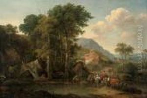 A Wooded River Landscape With
Travellers At Rest On A Track, A Herdsman And His Cattle Watering,
Mountains Beyond by Nicolaes Berchem