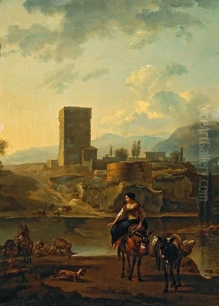 A River Landscape With A Woman Riding A Donkey And Other Figures And Animals By The Bank - view 1