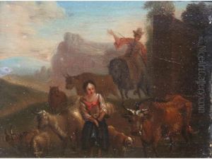 Figures With Cattle Sheep And Goats In A Landscape At Sunset by Nicolaes Berchem