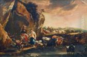 Hirten Mit Kuhen An Der Tranke by Nicolaes Berchem