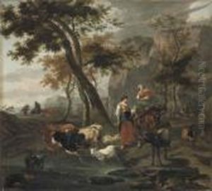 A Wooded Landscape With Drovers Bringing Their Flocks To Water by Nicolaes Berchem