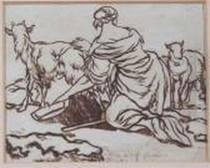 Berchem:farm Hand With Goats by Nicolaes Berchem