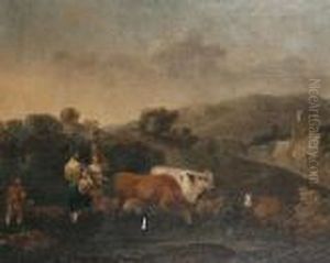 Peasants With Cattle Fording A Stream by Nicolaes Berchem